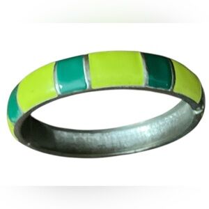 Vintage Green and Yellow Enamel and Bangle Silver Toned Metal Clamper Bracelet
